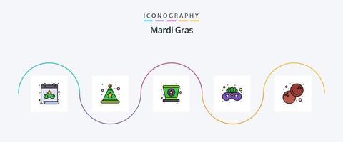 mardi gras linje fylld platt 5 ikon packa Inklusive . mat. mardi gräs. kokos. mask vektor