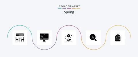 vår glyf 5 ikon packa Inklusive väska. wifi. flora. forskning. vår vektor