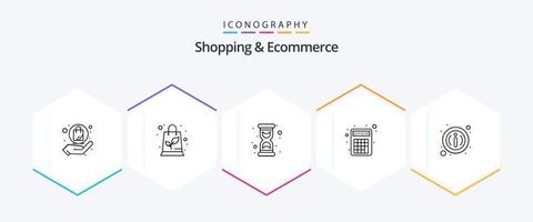 Shopping und E-Commerce 25-Zeilen-Icon-Pack mit Informationen. Einzelheiten. Stunde. Number Cruncher. Taschenrechner vektor