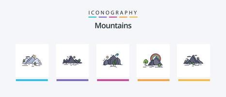 Berge Linie gefüllt 5 Icon Pack inklusive Baum. Sonne. Landschaft. Berg. Landschaft. kreatives Symboldesign vektor