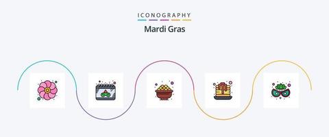 mardi gras linje fylld platt 5 ikon packa Inklusive öga mask. karneval mask. skål. ljuv. efterrätt vektor