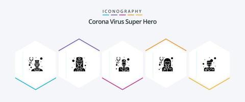 Corona-Virus Superheld 25 Glyphen-Icon-Pack inklusive Ärztin. Gesundheitspflege. Arzt. Mädchen. Arzt vektor