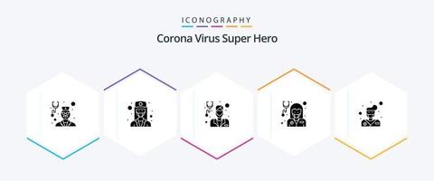 korona virus super hjälte 25 glyf ikon packa Inklusive lady läkare. sjukvård. läkare. flicka. läkare vektor