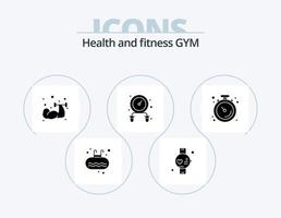 Fitness-Glyphen-Icon-Pack 5 Icon-Design. Muskel. Uhr. Hantel. Springseil. Übung vektor