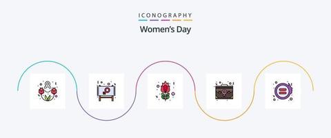 Womens Day Line gefüllt Flat 5 Icon Pack inklusive Büro. Blüte. Mitarbeiter. Tasche vektor