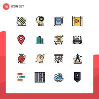 Gruppe von 16 flachen, farbgefüllten Linien, Zeichen und Symbolen für Multimedia-Medien, bearbeitbare kreative Vektordesign-Elemente für Plus-Player-Hinweise vektor