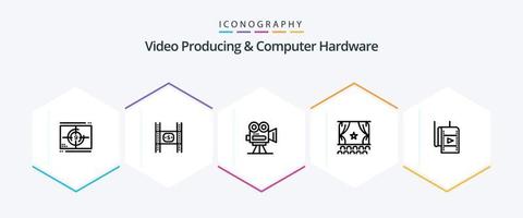 Videoproduktion und Computerhardware 25-Zeilen-Icon-Pack einschließlich Film. Kino. Geld. Fachmann. Film vektor