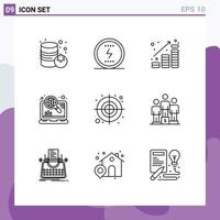 Packung mit 9 modernen Umrisszeichen und Symbolen für Web-Printmedien wie kreisförmige Optimierungsmünzen, die Geld vermarkten, editierbare Vektordesign-Elemente vektor