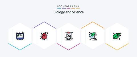 Biologie 25 gefülltes Symbolpaket inklusive Wachstum. Blatt. Molekül. suchen. Blatt vektor