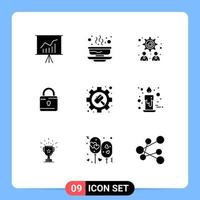 Piktogrammsatz aus 9 einfachen soliden Glyphen von Hammer Security Fall Loucked Louck editierbare Vektordesign-Elemente vektor