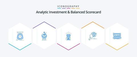 Analytische Investition und Balanced Scorecard 25 blaues Symbolpaket inklusive Lupe. global. Anlage. Trophäe. Tasse vektor