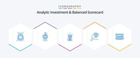 analytisk investering och balanserad score-kort 25 blå ikon packa Inklusive förstoringsglas. global. växt. trofé. kopp vektor