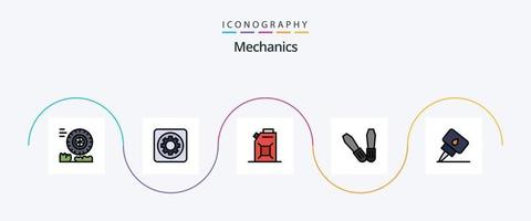 mekanik linje fylld platt 5 ikon packa Inklusive . olja. motor. mekaniker. verktyg vektor