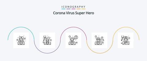 korona virus super hjälte linje 5 ikon packa Inklusive stetoskop. läkare. läkare. kvinna. labb vektor