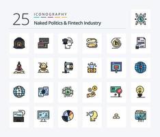 nackte Politik und Fintech-Industrie 25 Zeilen gefülltes Icon Pack inklusive Zahlung. Adresse. Lastschrift. Blockchain-Technologie. Schutz vektor