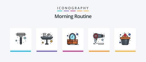 morgon- rutin- linje fylld 5 ikon packa Inklusive mat. frukost. möbel. jordnötter. mat. kreativ ikoner design vektor