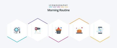 Morgenroutine 25 Flat Icon Pack inklusive Service. Handy, Mobiltelefon. Kuchen. Vorhersage. Erdbeere vektor