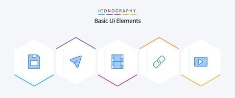 Basic UI Elements 25 Blue Icon Pack inklusive Video. Youtube. Video. Metall. Papier vektor