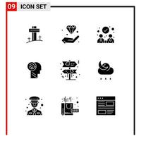 Stock Vector Icon Pack mit 9 Linienzeichen und Symbolen für Richtungsziel investieren Mind Head editierbare Vektordesign-Elemente