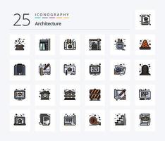 Architektur 25 Zeilen gefülltes Icon Pack inklusive Interieur. Kran. hoch. Gebäude. planen vektor