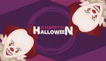 glad halloween skräckfirande affisch med clowner och bokstäver vektor