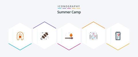 Summer Camp 25 Flat Icon Pack inklusive . Karte. Feuer. Standort. Camping vektor