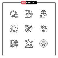 Stock Vector Icon Pack mit 9 Zeilen Zeichen und Symbolen für Musikuhr Business Time Gear editierbare Vektordesign-Elemente