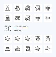 20 Fahrzeuge Linie Icon Pack wie Transporthubschrauber Transporttransportflugzeug vektor