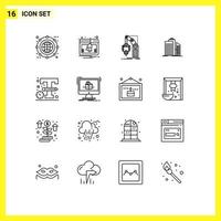 Aktienvektor-Icon-Pack mit 16 Zeilenzeichen und Symbolen für Business-Architektur-Benachrichtigungen Wolkenkratzer-Mechanismus editierbare Vektor-Design-Elemente vektor