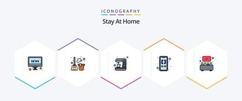 Bleib zu Hause 25 Filledline Icon Pack inklusive Home Movie. Unterhaltung. Küche. eingehend ausgehend. Berufung vektor