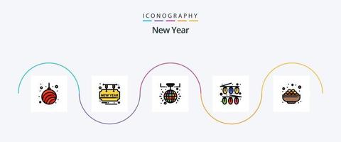 ny år linje fylld platt 5 ikon packa Inklusive skål. dekorationer. fest tid. jul. firande vektor