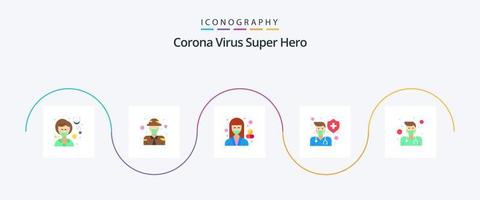Corona-Virus Superheld Flat 5 Icon Pack inklusive Gesundheit. Schutz. Militär. Apotheker. Krankenhaus vektor