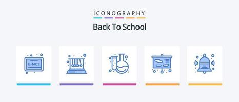 tillbaka till skola blå 5 ikon packa Inklusive tillbaka. klocka. kemi. studie. presentation. kreativ ikoner design vektor