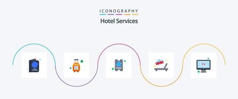 Hotelservices Flat 5 Icon Pack inklusive . Fernsehen. passieren. Bildschirm. Urlaub vektor