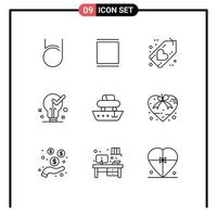Packung mit 9 modernen Umrisszeichen und Symbolen für Web-Printmedien wie Tick Light Black Idea Love editierbare Vektordesign-Elemente vektor