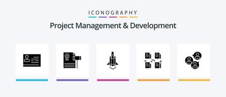 Projektmanagement und Entwicklung Glyph 5 Icon Pack inklusive Daten. Datei. Kies. Austausch. Marketing. kreatives Symboldesign vektor