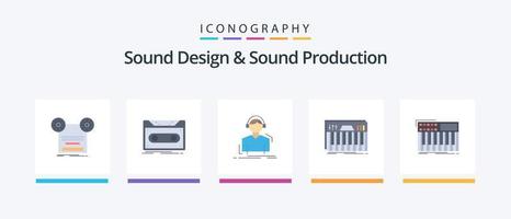 ljud design och ljud produktion platt 5 ikon packa Inklusive nycklar. kontroller. tejp. musik. lyssna. kreativ ikoner design vektor