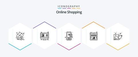 Online-Shopping 25-Zeilen-Icon-Pack inklusive Tasche. Netz. Liste. Geschäft. Einkaufen vektor