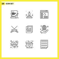 Stock Vector Icon Pack mit 9 Zeilenzeichen und Symbolen für Kontaktprofilbuch Sport Fechten editierbare Vektordesign-Elemente