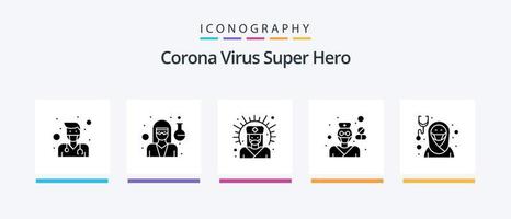 Corona-Virus Superheld Glyphe 5 Icon Pack inklusive Mädchen. Apotheke. medizinische Unterstützung. Apotheker. Gesundheit. kreatives Symboldesign vektor