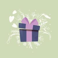 Geschenkbox mit herauskommenden Herzen und Dekoration. bunte Hand gezeichnete Illustration für glücklichen Valentinstag. Grußkarte mit Laub und dekorativen Elementen. vektor