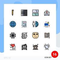 16 universelle, flache, farbig gefüllte Zeichensymbole der weltweiten Internet-Layout-Globus-Mail editierbare kreative Vektordesign-Elemente vektor