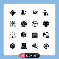 16 thematische Vektor-Solid-Glyphen und editierbare Symbole von bearbeitbaren Vektordesign-Elementen für das Publikum, Mutterfeier, Mutterfamilie vektor