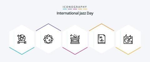 Internationaler Jazztag 25-Zeilen-Icon-Pack mit Musik. Notiz . Stöcke. Instrument vektor