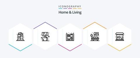 Home and Living Icon Pack mit 25 Zeilen, einschließlich . Fisch. Bücherregal. Leben. Bild vektor