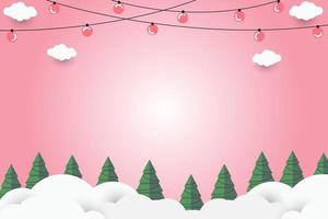 grön jul träd på rosa papper konst abstrakt bakgrund med himmel och linje design för glad jul, affisch kort, banderoller, gåva kort, jul begrepp. vektor illustration. papper skära stil.