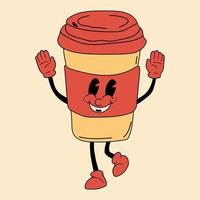 Retro Tasse Kaffee 30er Jahre Zeichentrickfigur Maskottchen -. 40er, 50er, 60er alter Animationsstil. hand gezeichnete moderne vektorillustration. isoliertes kaffeeelement vektor