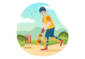 schlagmann, der cricket-sportillustration mit schläger und bällen auf dem feld für meisterschaft in flachen handgezeichneten vorlagen der karikatur spielt vektor