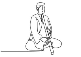 en kontinuerlig enstaka ritning av en man med shakuhachi-flöjt, traditionell musik i Japan. vektor