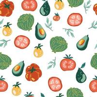 Gemüse Musterdesign. frische Tomaten, Avocado, Kohl. Cartoon-Textur für gesunde Ernährung. skandinavische illustrationen für bio-lebensmittel. flache handgezeichnete Küchentextilien auf dem weißen Hintergrund. vektor